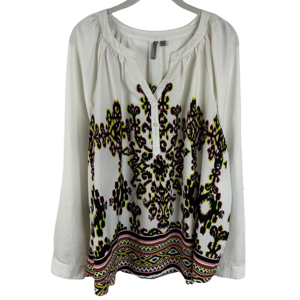 New Directions Weekend Top Size 2X White/Citron/Black Print Long Sleeves